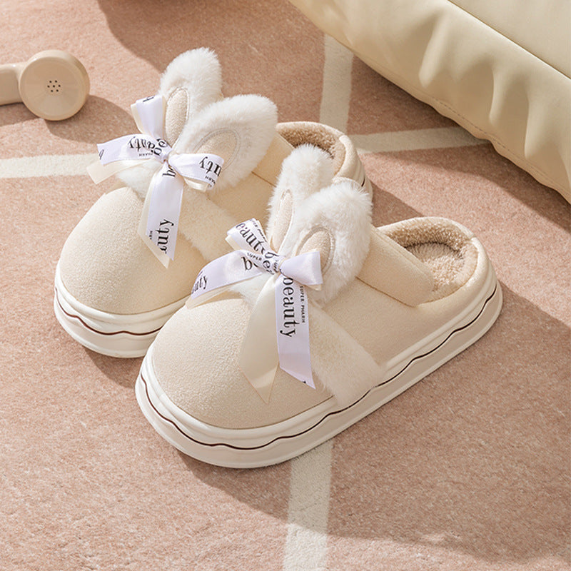 Suede Bow Cotton Slippers