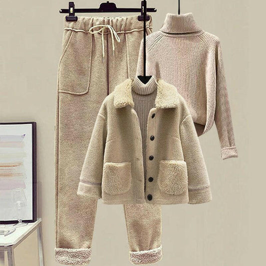 ChériCute Women’s Lamb Wool Fur Sweater and Harem Pants Three-Piece Fashion Set.